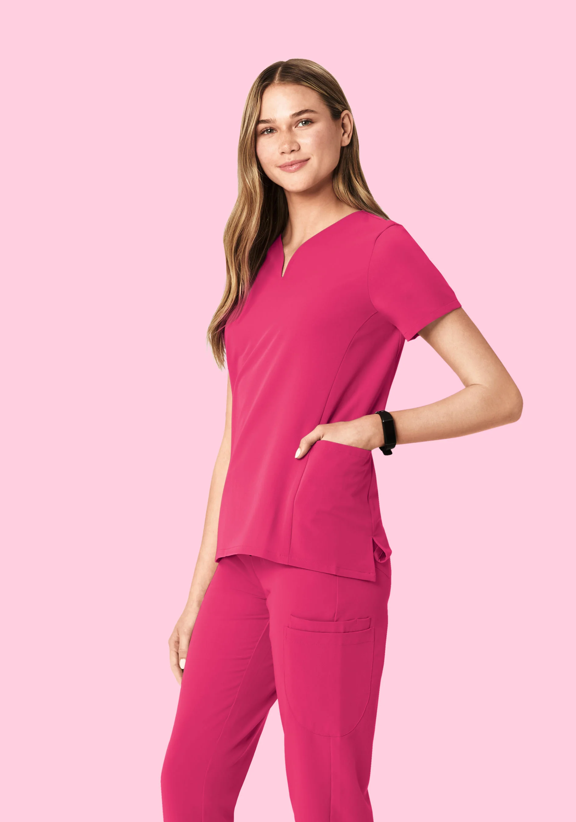 Curved V-Neck Top Hot Pink - Image 2
