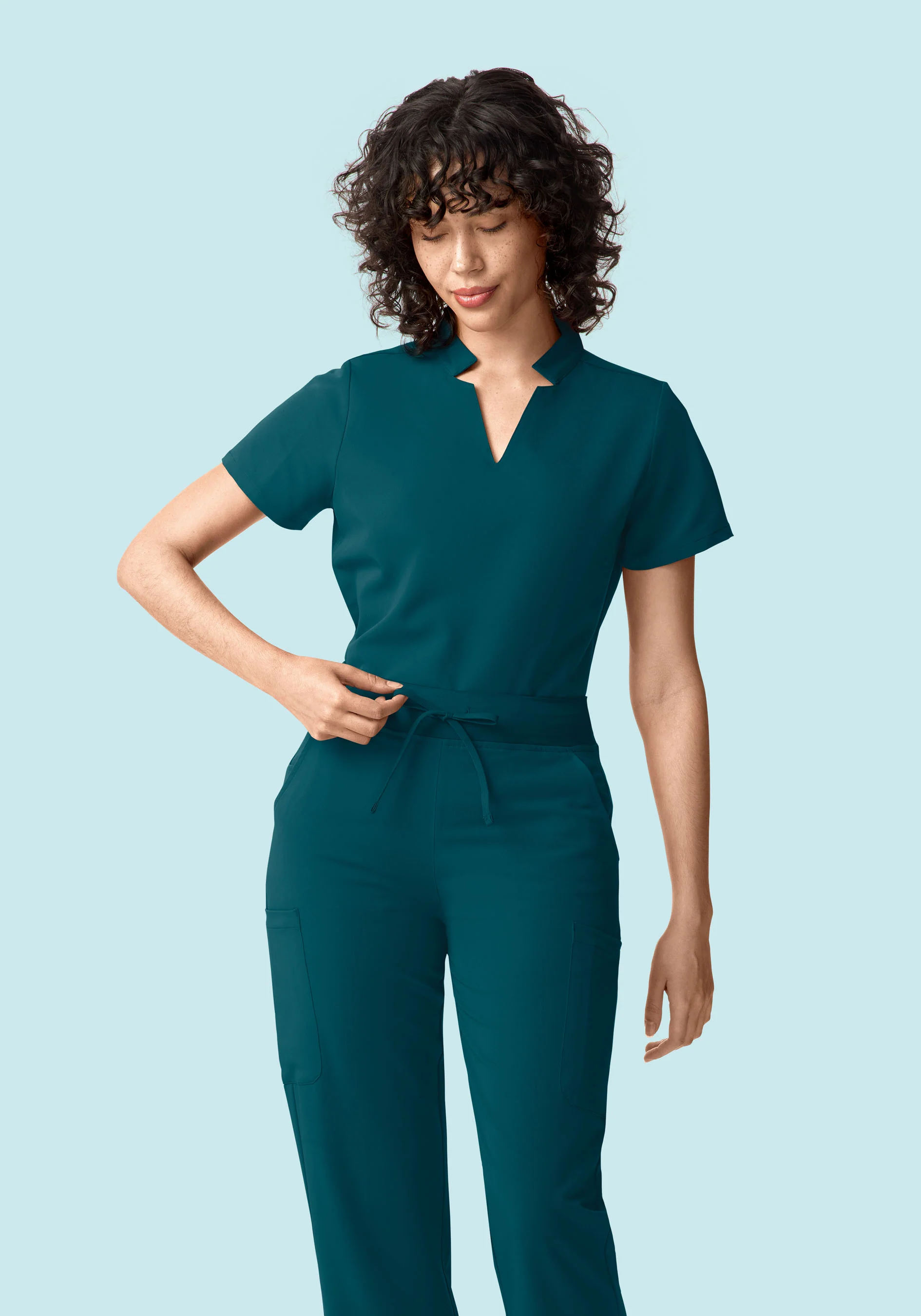 Stand Collar Notch Neck Top Caribbean Blue - Image 2