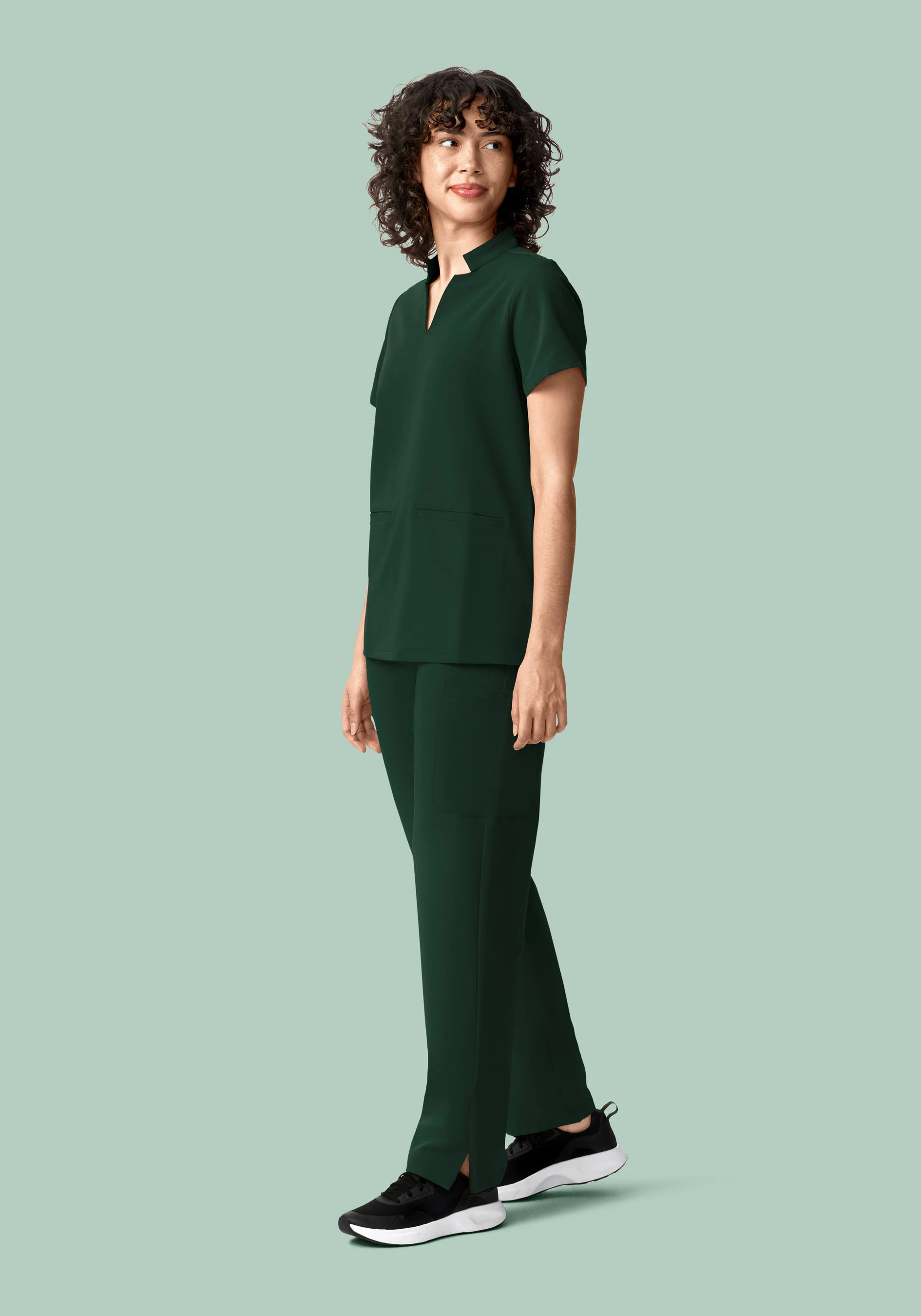 Stand Collar Notch Neck Top Midnight Green - Image 3